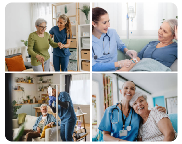 Represents nursing and medical services at home, highlighting support for elderly patients, IV therapy, personal care, and the bond between caregivers and patients.