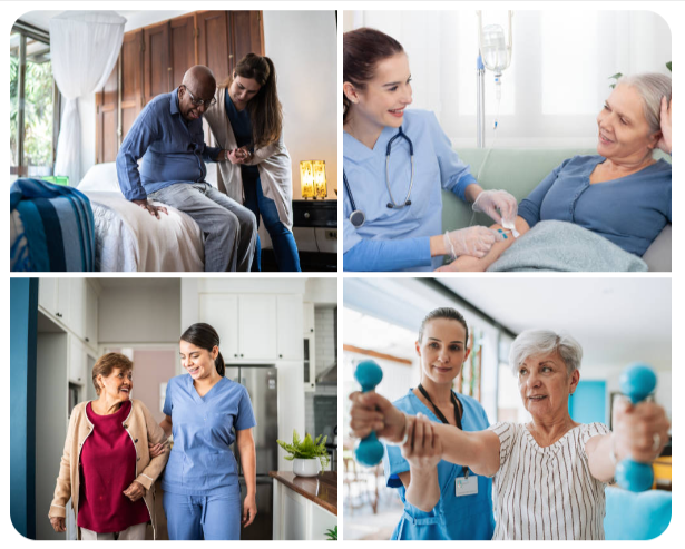 Highlights comprehensive home healthcare, including nursing care, IV therapy, physiotherapy, and mobility support, emphasizing both medical treatment and physical well-being in the comfort of home.